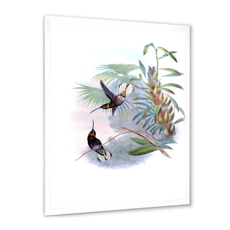 Colibri rétro sur une branche - impression sur toile, Toile blanche encadrée, H 40 po x l 30 po x 1,5 po
