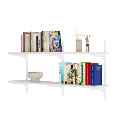 48'' x 10'' Tiered Bookshelves, Floating White Shelves, Height Adjustable Wall Shelves For Living Room Decor, Office Storage Shelves, Farmhouse And Scandinavian Decor, 2 Tier