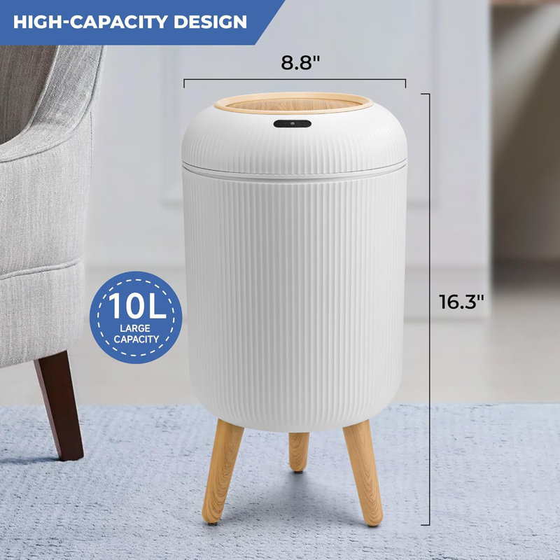 White Plastic Touchless Sensor Wastebasket with Wooden Legs