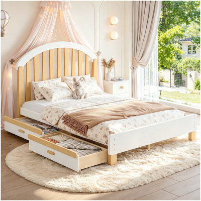 Lit plateforme double avec tiroir de rangement, cadre de lit double en bois avec tête de lit ronde, aucun sommier nécessaire, blanc et naturel