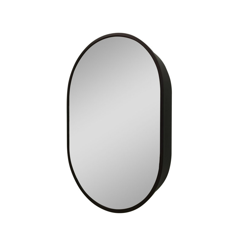 Oval Black Metal Framed Wall Mount Bathroom Medicine Cabinet With Mirror, 36" H x 24" W x 4.9" D