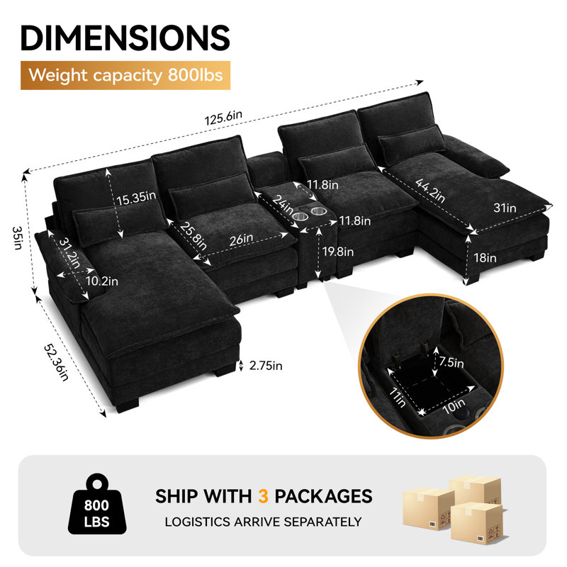 Canapé modulaire en U 125,6 po avec méridiennes, console de rangement, ports de chargement USB, porte-gobelets, chenille