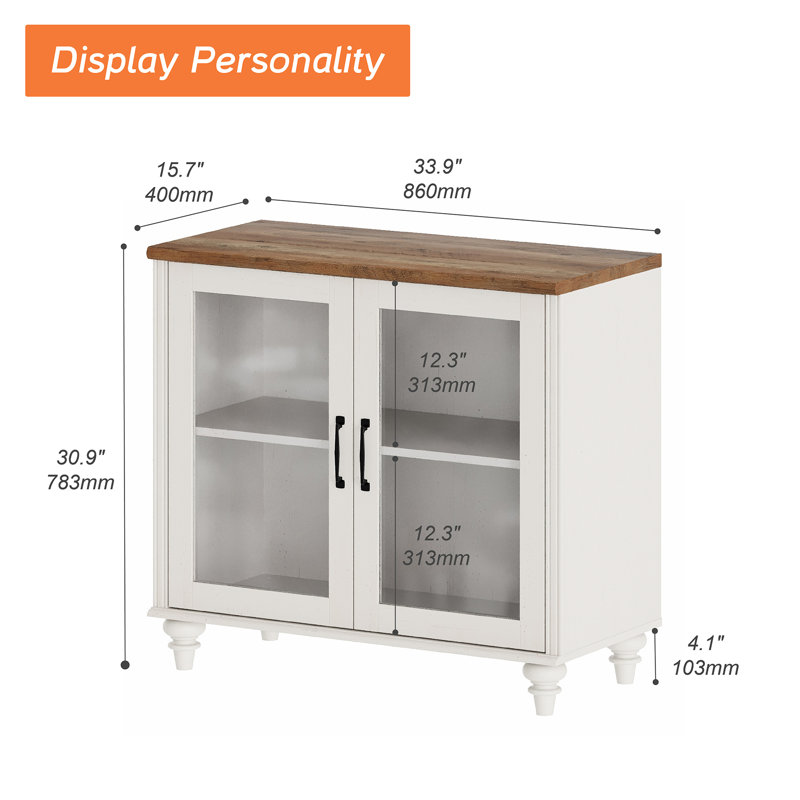 Scarlett Sideboard Cabinet With Bar Hutch, Buffet Cabinet With 2 Doors, White, Glass Door