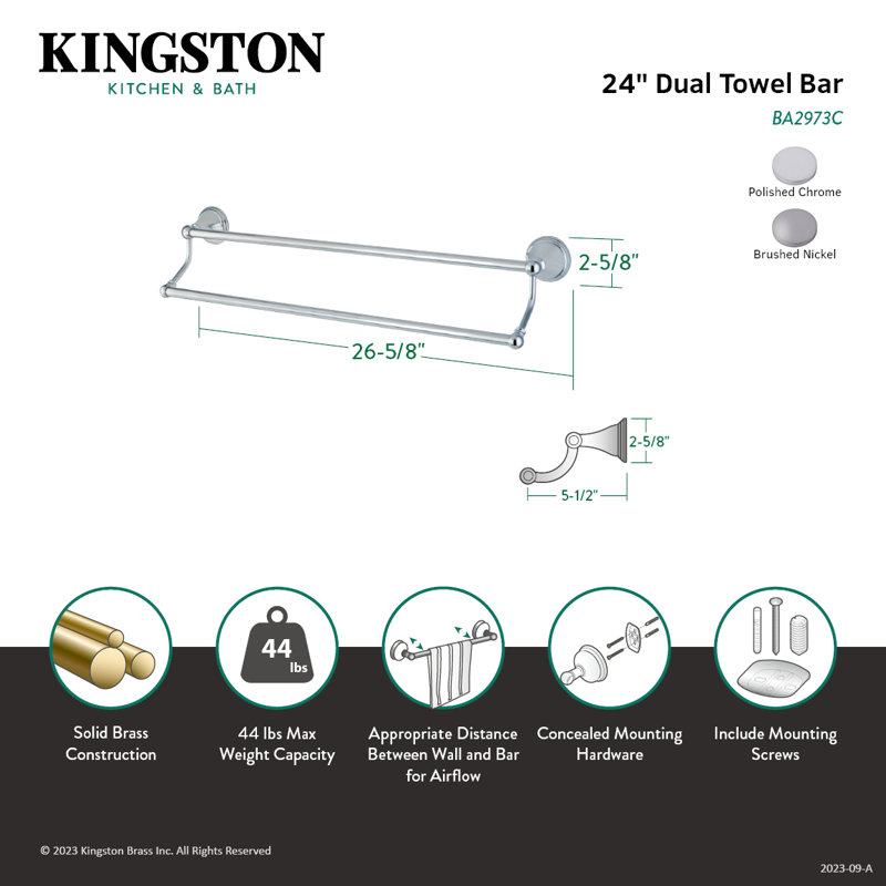 Kingston Brass Governor 24-Inch Dual Towel Bar, Polished Chrome