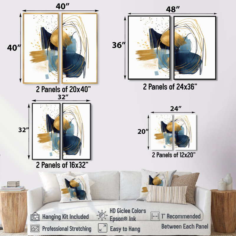 Motif de toile moderne bleu foncé et doré à motif 16 bandes sur 2 panneaux, 36" H x 48" W, Impression encadrée flottante