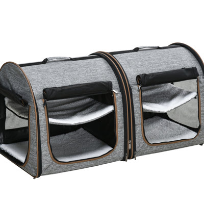Grey Cat Carrier 39" - Portable, With Cloth, Net And Soft Cushions For Added Comfort Soft In Grey, Take-Apart Partition Screen, Two Compartments, & Storage Stand