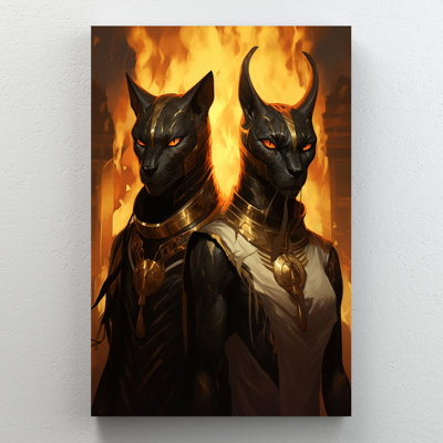 The Sphinx Couple Gallery Wrapped Canvas - Imaginary Ancient Animal Illustration Décor, Black And Gold Home Decor
