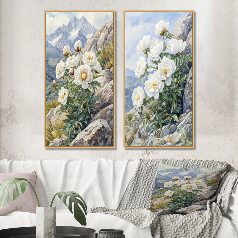 Pivoines par The Rocky Slope I - décoration murale en toile florale 2 pièces, Cadre crème crème, H 28 po x l 25 po