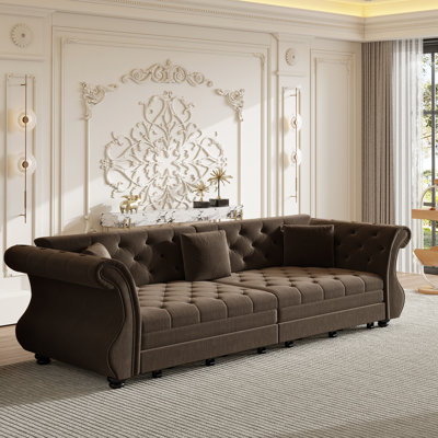 Canapé convertible surdimensionné de 97,6 po Chesterfield, canapé en velours à accoudoirs roulés classique avec capitonnage de fleurs, revêtement pour le salon / la chambre à coucher / appartement