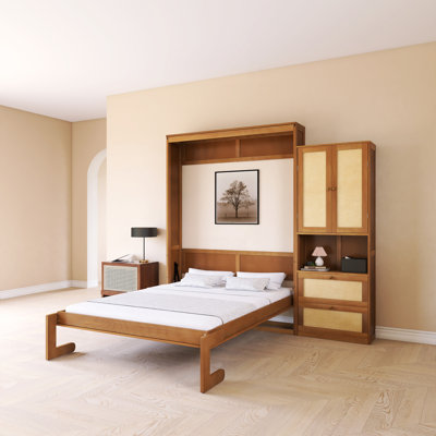 Lit escamotable avec cadre en bois et rotin
