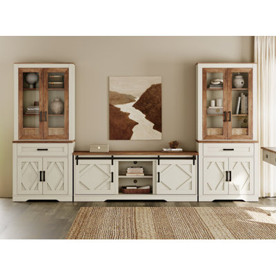 Meuble télé de style campagne moderne de style Mid-Century, centre de divertissement pour téléviseur de 75 po, bibliothèque haute à 5 niveaux de 73 po, portes de rangement ouvertes et grange pour le salon, la chambre à coucher, chêne blanc