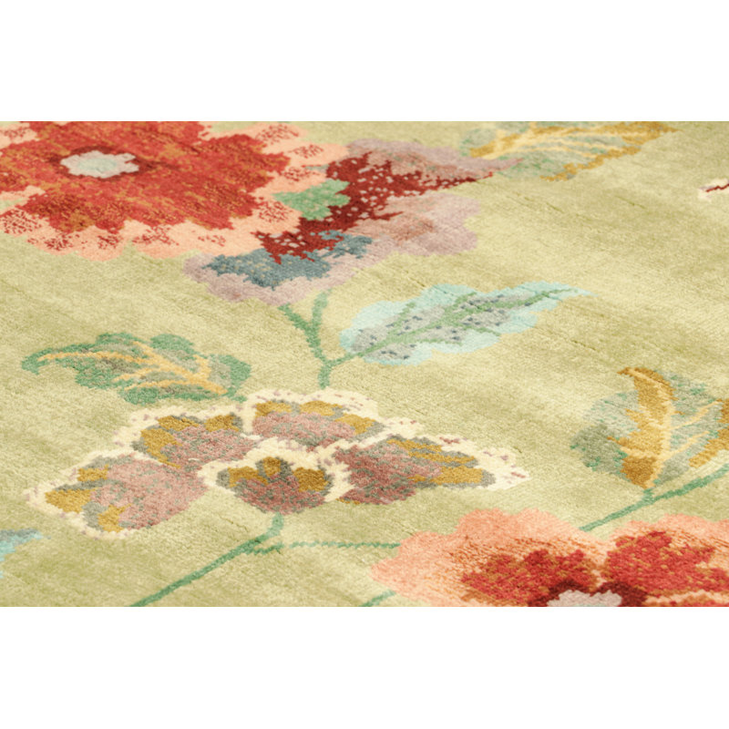 Rug & Kilim’S Chinese Art Deco Square Rug In Green With Colorful Floral Patterns, Rectangle 12' x 18'