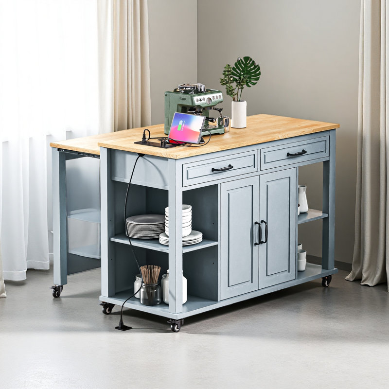 47 Inch Kitchen Island With Extendable Dining Table, Rubber Wood Veneer Kitchen Table With Internal Storage Rack, Blue