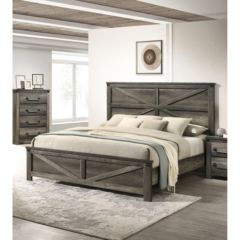 Rustic Gray Queen Bed With Engineered Wood And Metal, Headboard, Casual Bedroom Style Simple Design Frame Finish, Metal Paper, Transitional