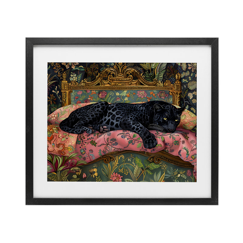 «Leopard Lounge on Ornate Textiles», reproduction encadrée sous verre, design by Creative Studio, H 13 po x l 16 po