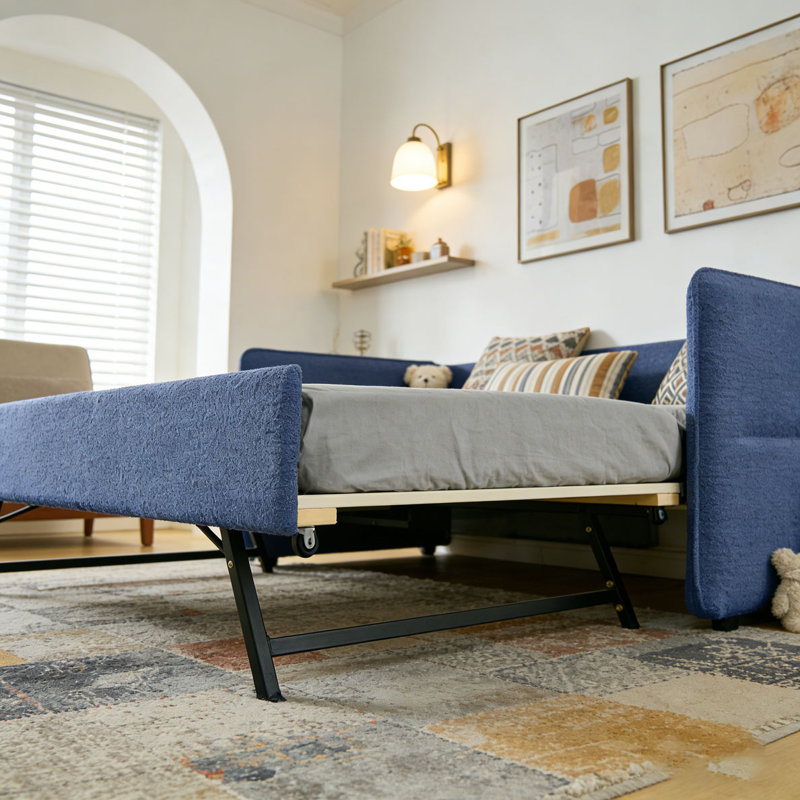 Boucle Fabric Daybed, Blue-Pop-up-Trundle, Twin