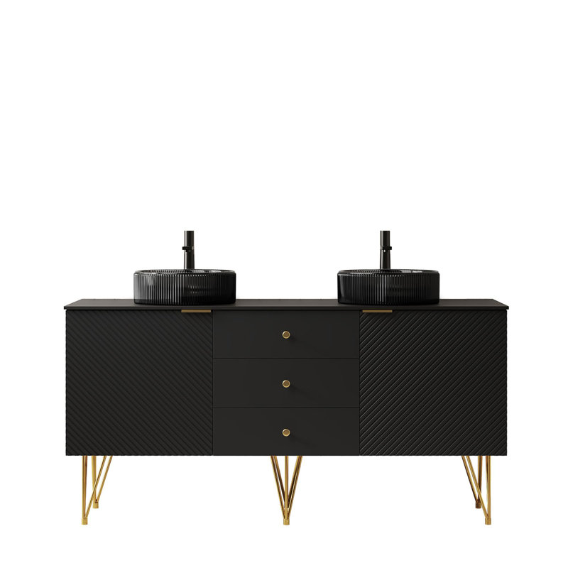 Meuble-lavabo 60 po avec 2 lavabos ronds transparents en verre noir