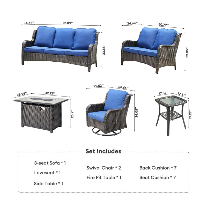 Ilkeston 7 - Person Outdoor Seating Group with Cushions, Brown, Navy