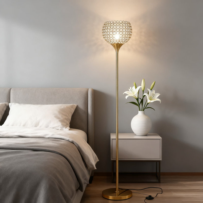 Lampe sur pied sphérique en cristal avec abat-jour en perles de cristal K9, lumière debout moderne pour le salon, la chambre à coucher, le bureau, hauteur de 61 pouces, base E26, ampoule DEL incluse