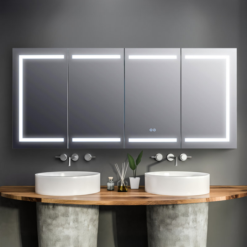 Armoire à pharmacie 72 po avec miroir DEL - Armoire de rangement encastrée ou murale, désembueur encastré à une touche, lumière à intensité variable, miroir de coiffeuse, 3 tablettes réglables en verre
