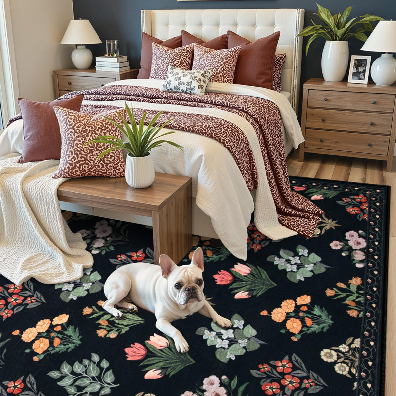 Tapis lavable à motif floral rétro avec envers antidérapant Vintage Garden, Noir, Rectangle 5 pi x 7 pi