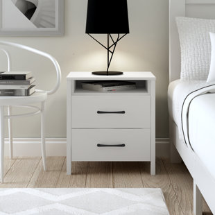 Brackett Plug-In Wood End Table with Storage Shelf 2 Drawers Nightstand Side Table Cabinet Bedside Furniture Wade Logan Color: White