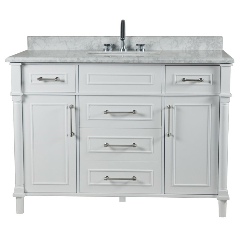 48” Single Vanity Set With White Carrara Marble Top and Mirror, White