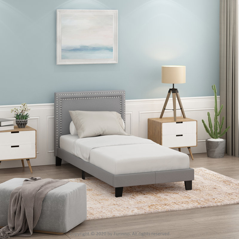 Alpern Upholstered Double Row Nail Head Bed Frame, Single (3')