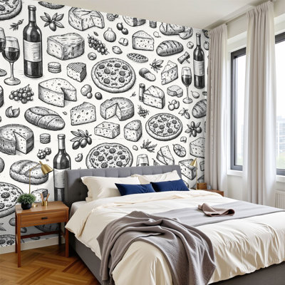 Peel and Stick Wallpaper Cheese Bread Wine Bottles Pizzas Wall Murals 100"H x 144"W Removable PVC Wall Paper Self-Adhesive Wall Decor for Bedroom Living Room Home Office