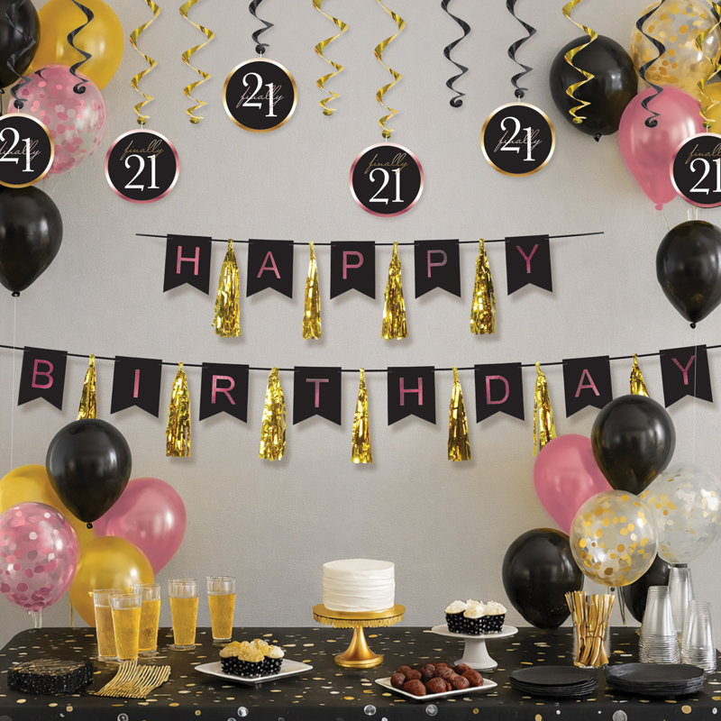 Beistle Guirlande à pompons « Joyeux anniversaire » – Bannière en carton noir, rose, blanc et or, décoration suspendue en 2 pièces pour fêtes d'anniversaire et décorations festives