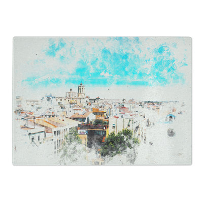 Tempered Glass View of Tarragona in Spain Watercolour Chopping Board