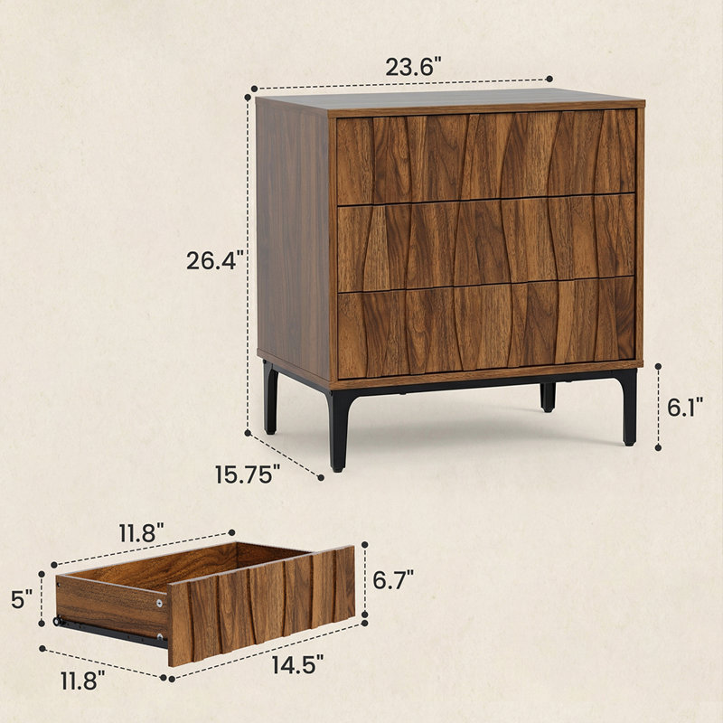 Mid-Century Modern Nightstand with 3 Drawers, Brown, Individual