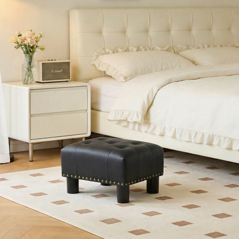 Upholstered Foot Stool Ottoman, PU Leather Tufted Footstool Footrest With Padded Seat For Living Room Bedroom, Black