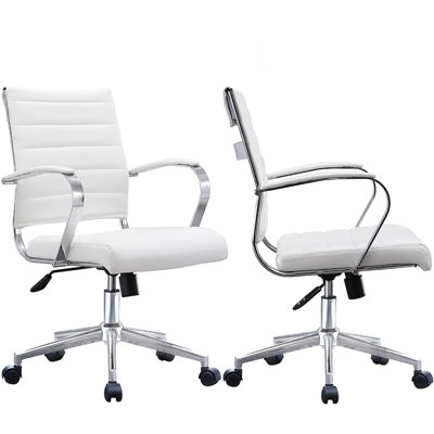 Scandinavian Minimalist Ergonomic Mid-Back Ribbed PU Leather Executive Office Desk Chair with Padded Arms, Swivel Tilt, Comfortable for Home Office & Conference Room, White