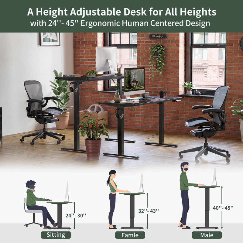 Adjustable Metal Base Standing Desk, Black/Black, 27.00" H x 63.00" W x 24.00" D 