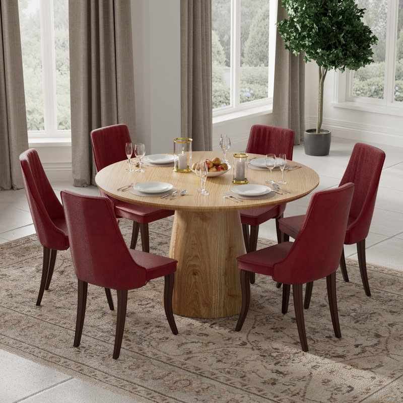 Rpund Modern Farmhouse Dining Set with Linen Dining Chair Set for Dining Room, 7 Pieces: Table, 6 Chairs, Beige, Walnut