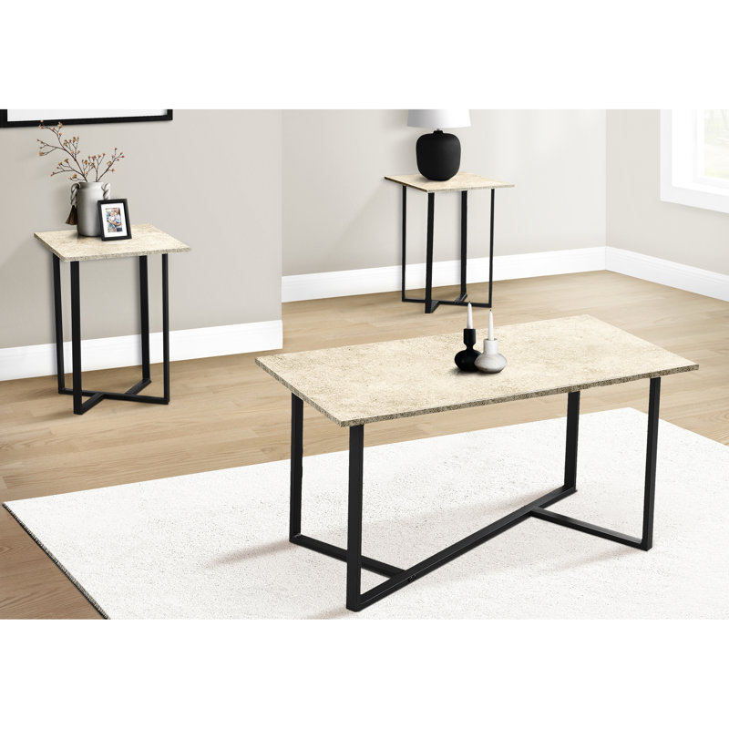 Élégante table 3 pièces avec finition stratifiée en pierre crème, structure en métal noir, tables basses et de bout rectangulaires, métal de style salon, décor assorti