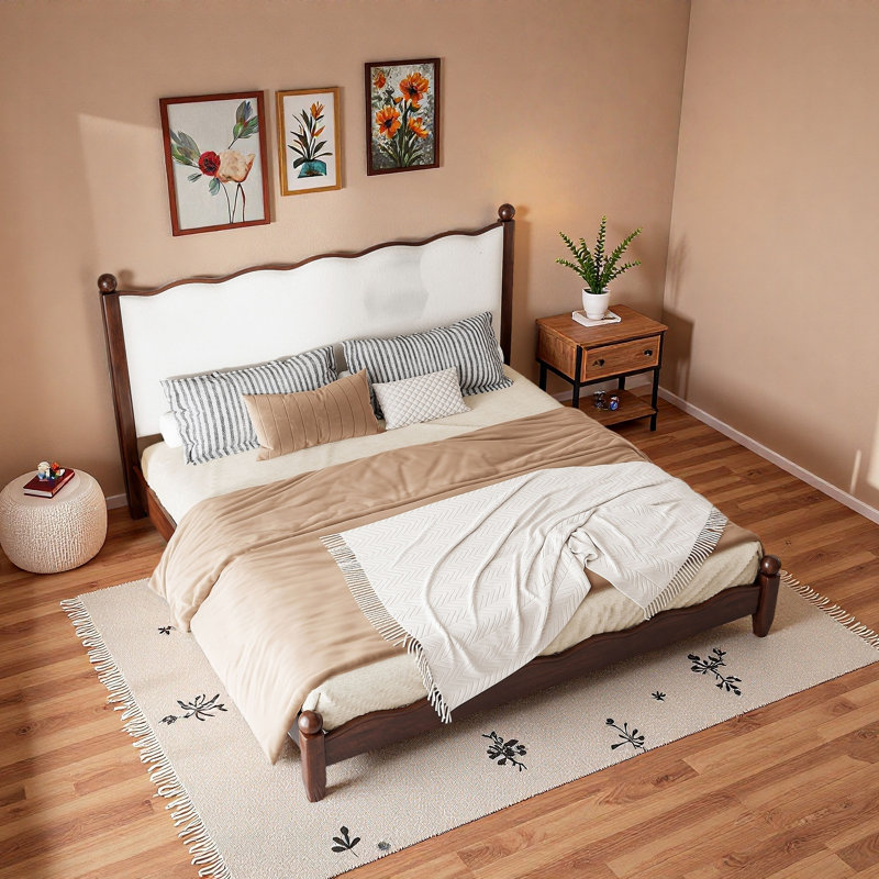 Lit plateforme en bois avec tête de lit tapissier festonnée, Grand lit, Beige/Espresso
