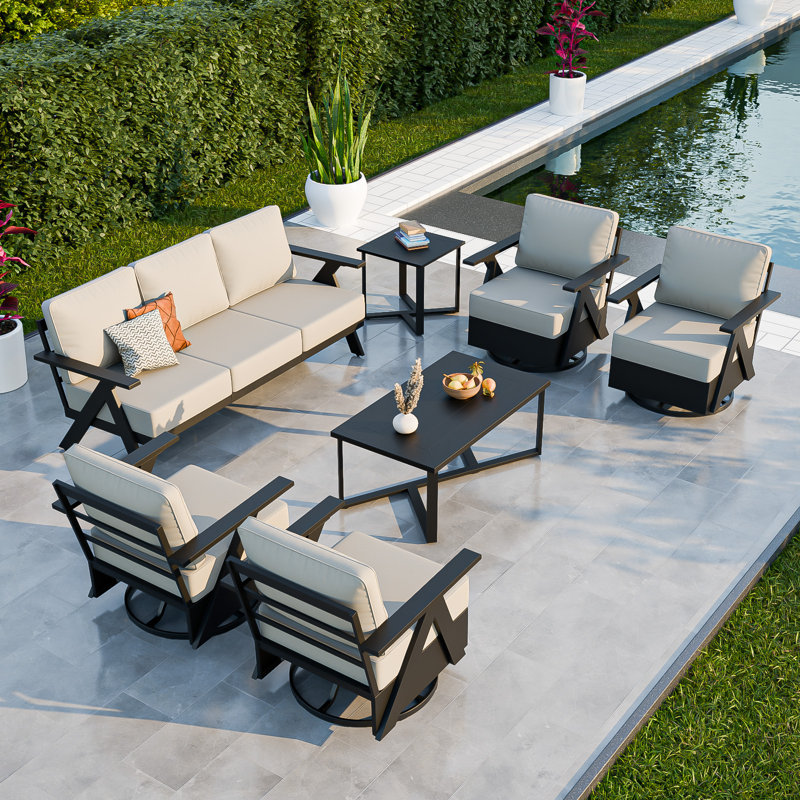 7 Pieces Metal Outdoor Patio Conversation Set ,2 Patio Swivel Lounge Chairs ,Couch and Tables, Beige