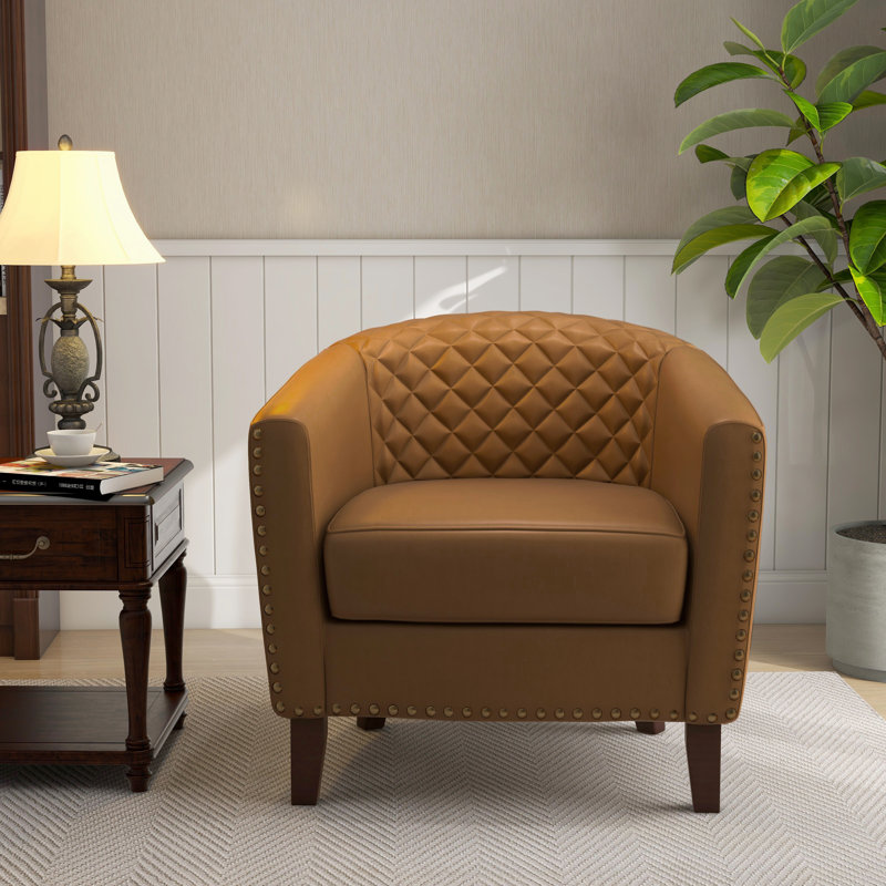 Edvardas 73.9 Cm Wide Tufted Barrel Chair, Coffee Faux Leather
