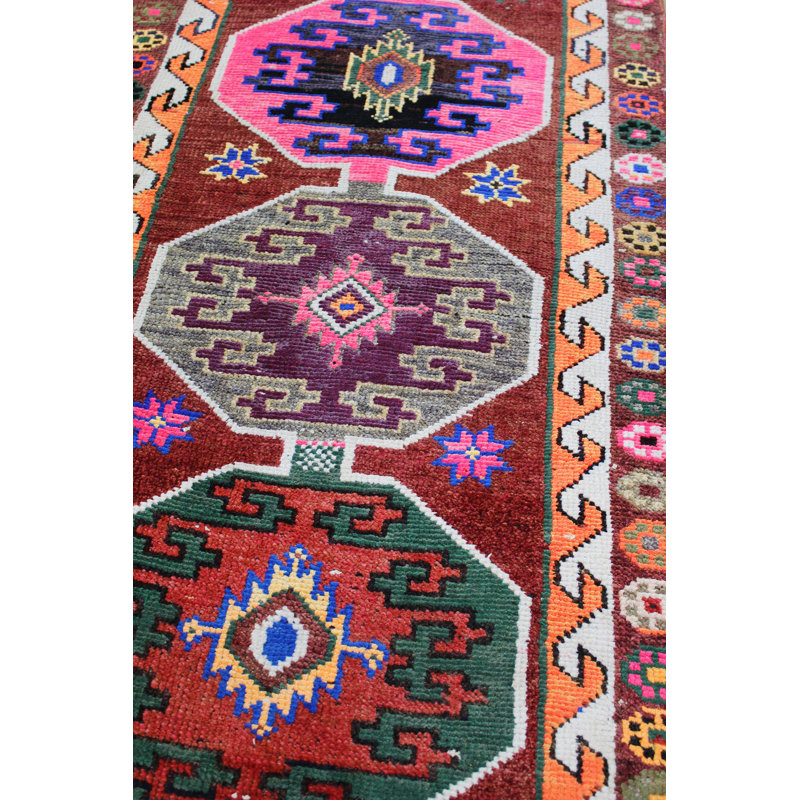 Tapis de couloir rouge en laine noué à la main de conception unique 2 pi 11 po x 11 pi 11 po Herki