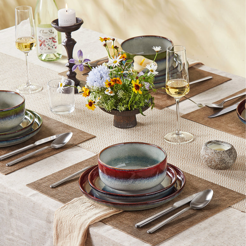 Ensemble 12 pièces de vaisselle en grès 12 pièces, assiettes émaillées réactives et ensembles de bols pour 4, Green