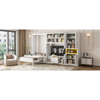 Lit simple en bois avec meuble télé et solutions de rangement en blanc - idéal pour les espaces restreints avec rangement intégré