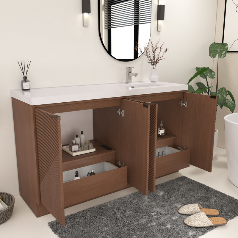 Monterey 59" Freestanding Bathroom Vanity with Reinforced Acrylic Right Sink, Right, Walnut