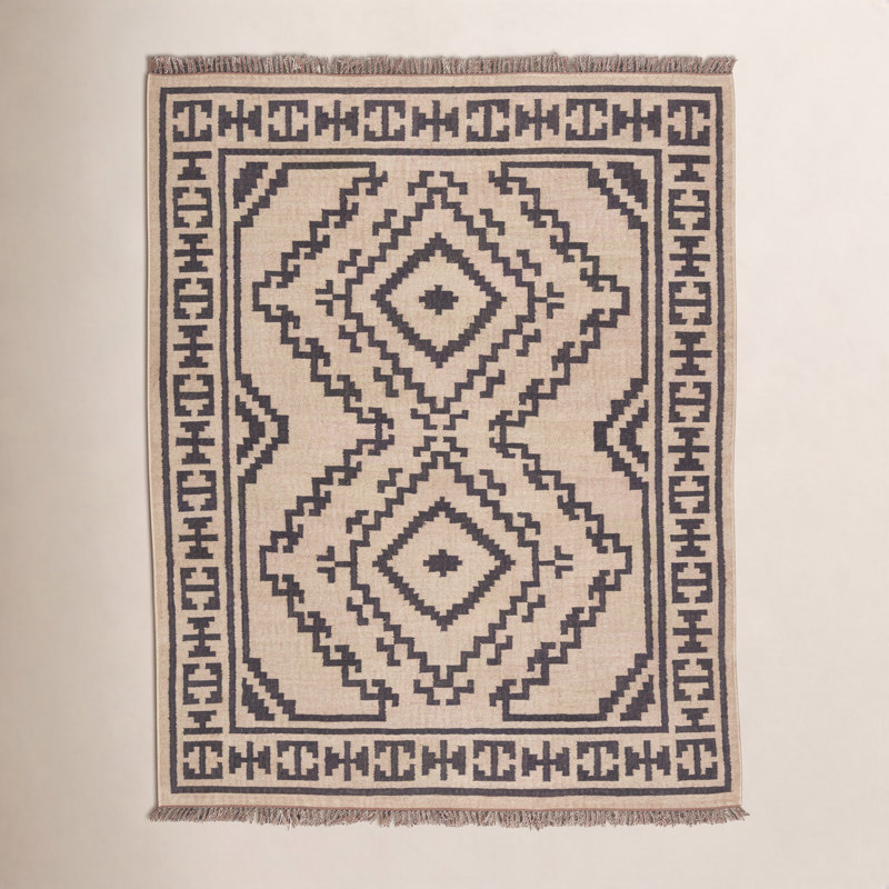 Tapis beige / noir en jute tissé à plat à la main Louie Southwestern, Rectangle 7 pi 10 po x 9 pi 10 po