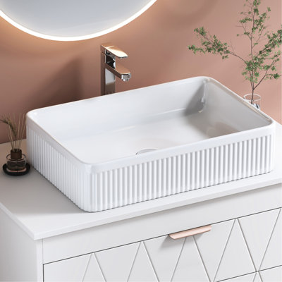 Ceramic Vessel Sink For Bathroom With Drain - White, Rectangular, Contemporary Style, 20.1X13.6X4.7 Inches, Scratch Proof Material White Rectangular Modern Design, , 51Cm Length, 34.5Cm Width, 12Cm