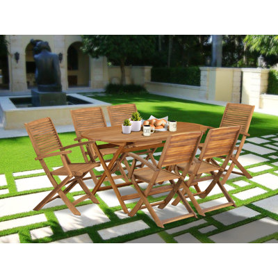 7 Piece Patio Dining Set Includes an Oval Outdoor Acacia Wood Table and 6 Folding Arm Chairs, 36x60 Inch, Natural Oil
