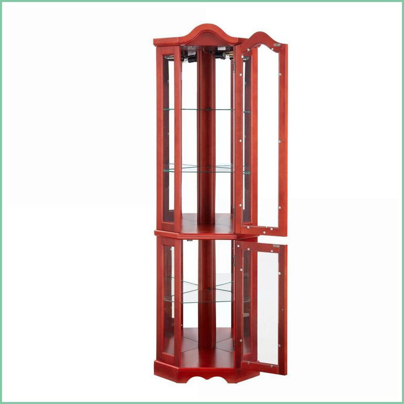 Corner Curio Cabinet Lighted Tempered Glass Adjustable Shelves Cherry MDF | Anti-Toppling, Cherry