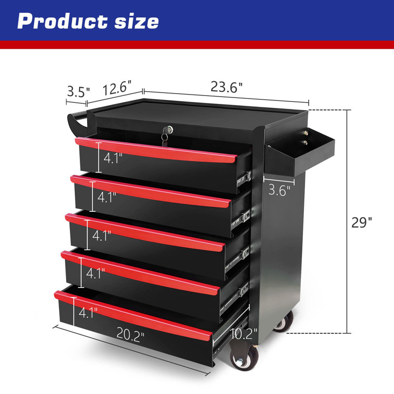  5-Drawer Rolling Tool Chest, Metal Tool Box with Wheels & Lock Garage Storage Cabinets, Black