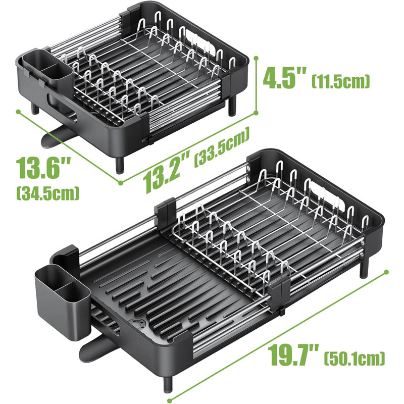 Expandable Satin Black Stainless Steel Dish Drying Rack with Utensil Holder